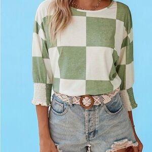 Grass Green Checkered Ruffle Smocked Cuffs Tee
